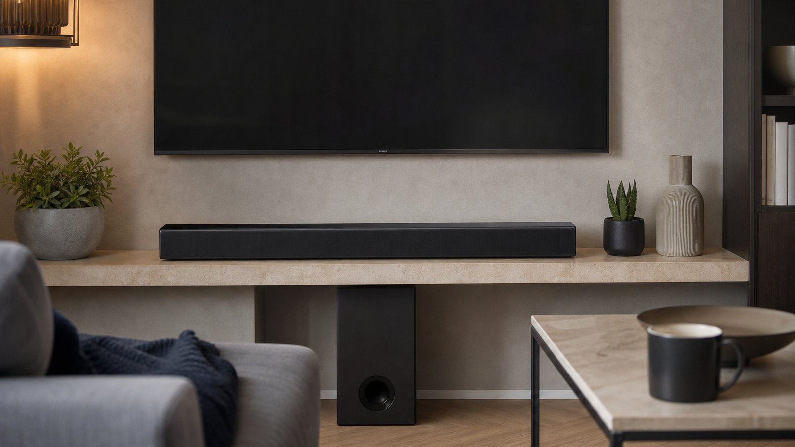 Slim black TV soundbar under a flat-screen television in a bright British living room