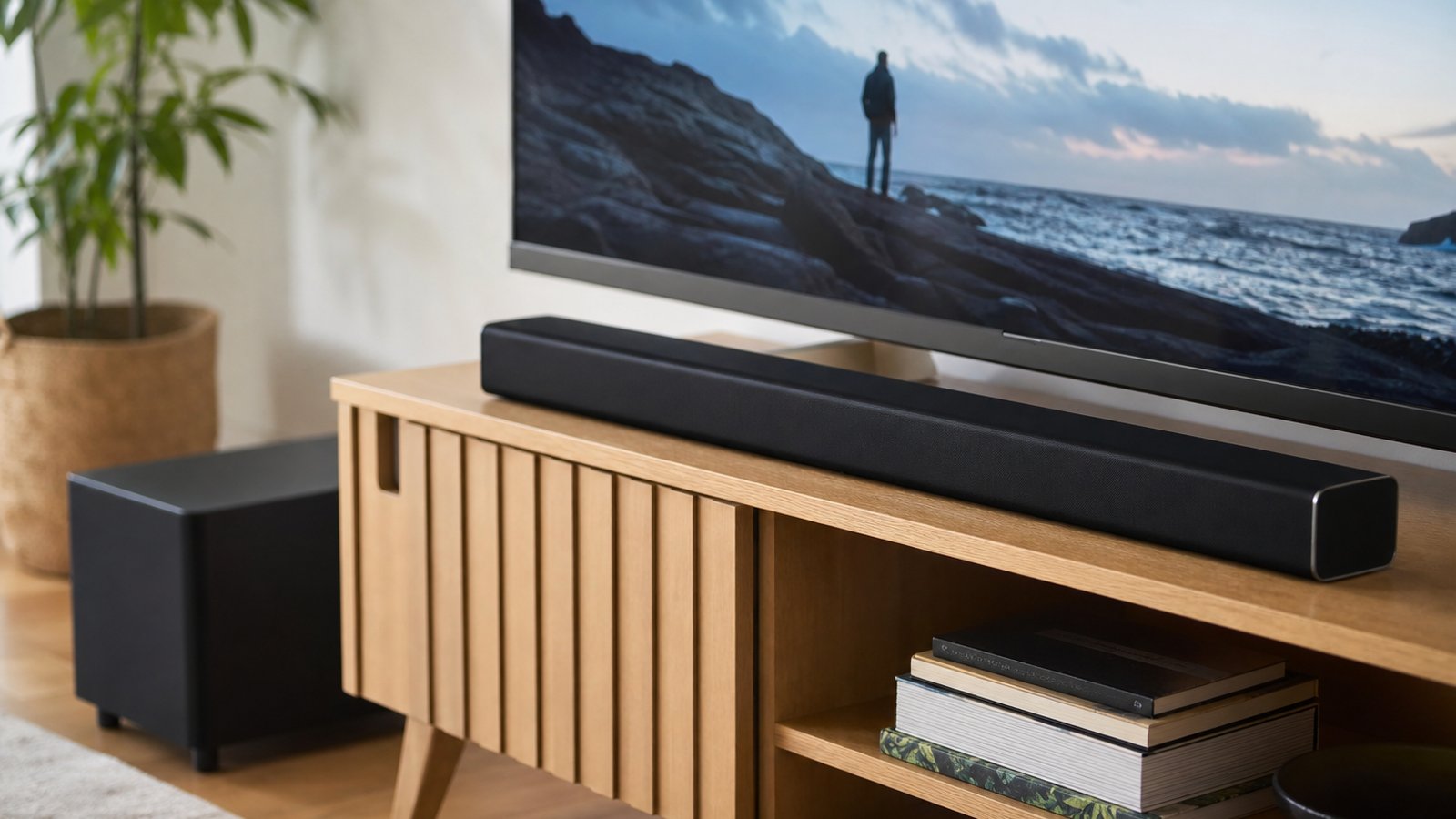 Slim black all-in-one TV soundbar with built-in subwoofer on a media unit